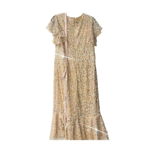 Mac Duggal Nude Silver Sequin Midi Gown Cap Sleeve Ruffle Dress Size 12 NWOT - Picture 7 of 11
